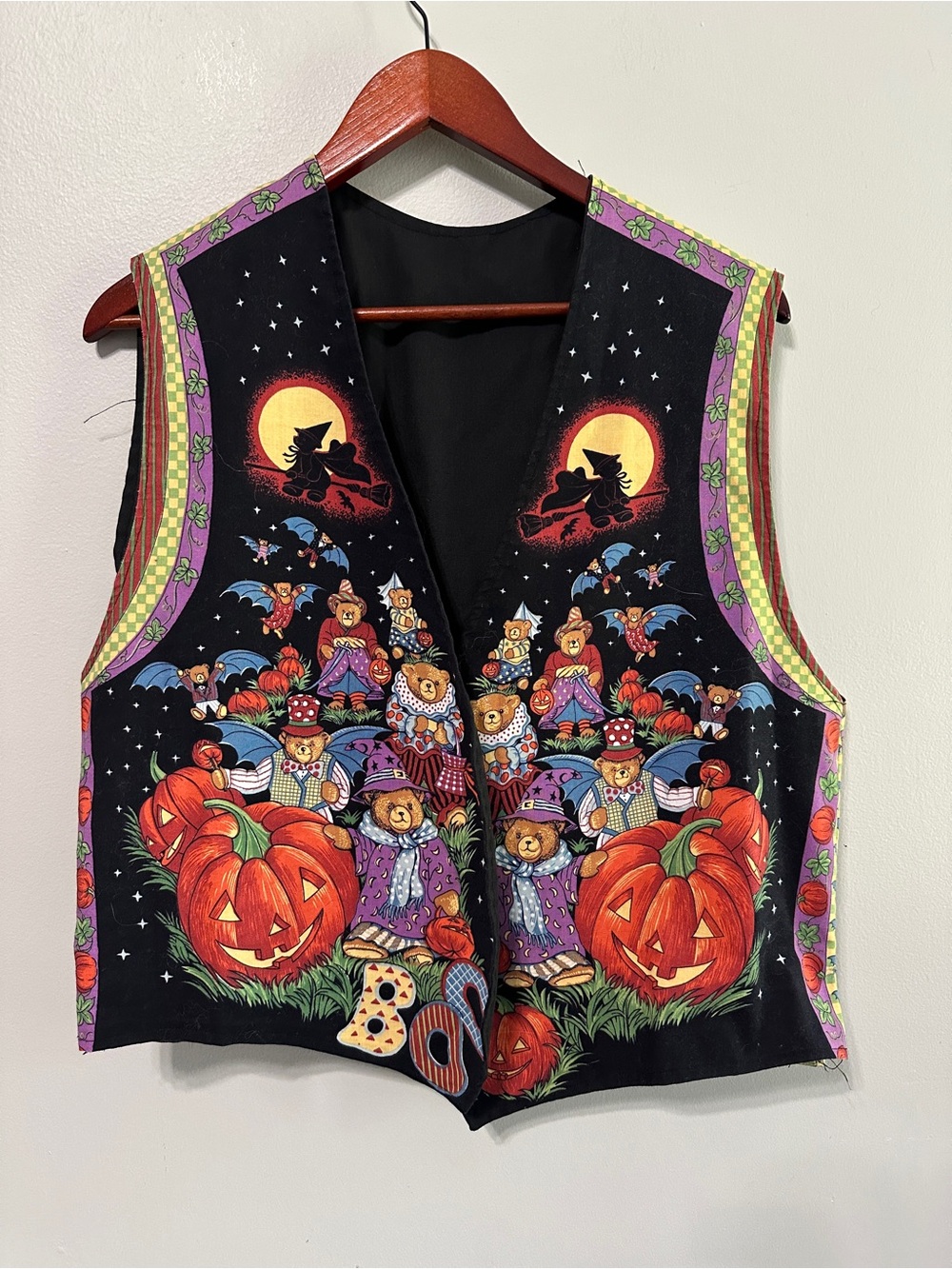 Vintage Handmade Vest 90's Halloween Bear Ghost Pumpkin Womens XL Black